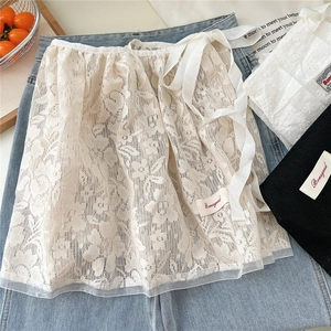 Women Floral Lace Mini Wrap Skirt Embroidery Mesh Layering Balletcore Decorative Waist Ribbon Tie