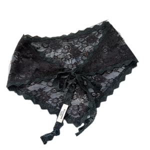 Black lace chic triangle scarf with lace-up bow and elegant scalloped edge embroidery