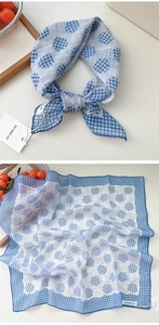 Detail of blue and white gingham cotton linen square scarf with polka dot patterns