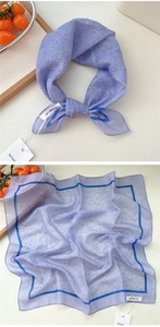 Detail of lavender floral cotton linen scarf with blue border and be keen on tag