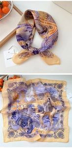 Detailed view of a purple and yellow silk scarf featuring exotic middle eastern motifs
