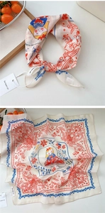 Detail of vintage floral cotton linen square scarf with cartoon character and blue wavy border