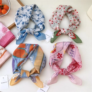 Retro linen-cotton square scarves set with floral and geometric patterns for hair or neck
