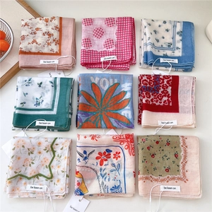 Set of 9 vintage cotton linen square scarves with floral and plaid patterns for women