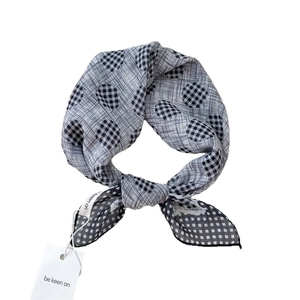 Retro black and white checkered cotton linen scarf with polka dots and knotted styling