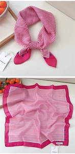 Pink and white striped square neckerchief with navy blue polka dot corner details