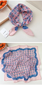 Pink and blue checkered cotton scarf with cartoon graphics and HELLO text detail