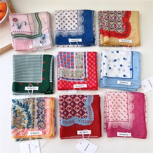 Nine patterns of vintage cotton square scarves with floral and polka dot designs