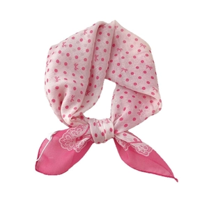 Pink polka dot cotton linen square scarf with bow patterns and white lace trim edge