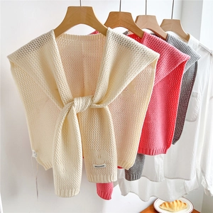 Women Knitted Shawl Fake Collar Hollow Out Mesh Tie Front Shoulder Wrap Crochet Decorative