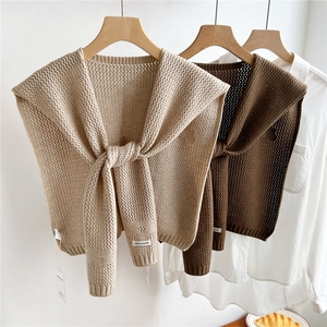 Floral crochet knit shawl wrap for women over shirts in beige and dark brown