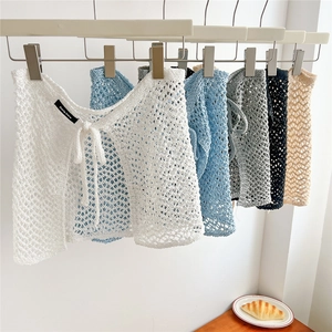 Women Crochet Knitted Hollow Mesh Mini Skirt Lace Up Wrap Hip Cover Layering Beach Coverup Casual