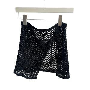 Black crochet knit mini wrap skirt with hollow out design and adjustable side waist tie