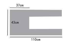 Flat lay of gray U-shaped knit wool shawl with detailed size labels 110x43cm
