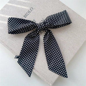 Foulard en soie à pois avec de longs rubans posé sur un livre en lin chic