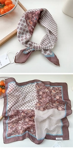 Detail of floral and polka dot patchwork cotton-linen square scarf with brand tag