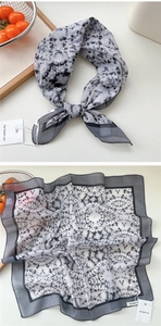 Flat lay and knotted view of an abstract grey-white printed cotton linen scarf