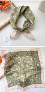Detail of floral paisley cotton linen square scarf in Morandi green and light pink
