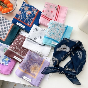 Assorted cotton linen square scarves with vintage floral patterns and casual tie designs