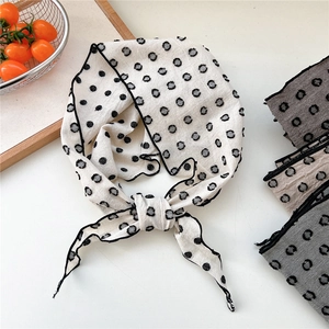 Retro polka dot cotton linen neck scarf set in cream and gray with textured fabric