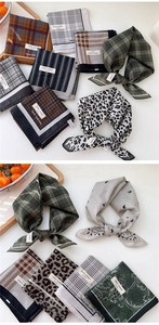 Detailed view of 100% cotton square scarves with plaid, stripe and paisley patterns