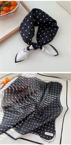 Detail of 100% cotton black polka dot square scarf with West Lafayette artistic lettering