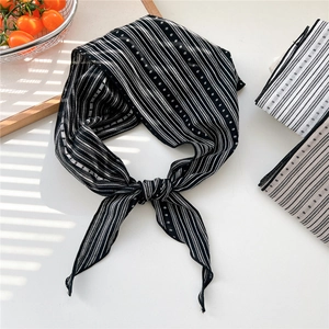 Elegant black and white striped cotton linen neck scarf with French style knot design