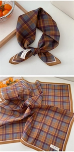 Detail of 100% cotton vintage plaid square scarf with brown and blue grid pattern