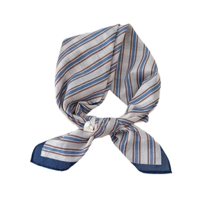 Linen cotton striped square scarf for women with blue borders and knotted design