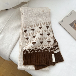 Detail of knit scarf texture with geometric jacquard patterns and ribbed edge finish