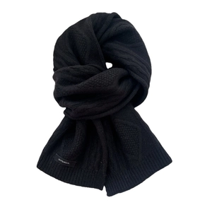 Solid black 100% wool knitted scarf with textured cable knit patterns for winter warmth