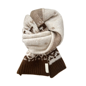 Long knitted scarf with geometric wave pattern in beige and brown for winter warmth