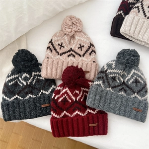 Knitted Beanie Hat With Faux Fur Pom-Pom Winter Warm Geometric Jacquard Pattern Fair Isle Style For Women