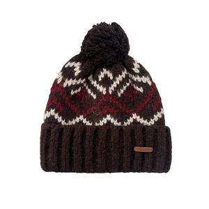 Winter knit beanie with pompom and retro geometric patterns for outdoor warmth
