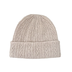 Oatmeal knit wool beanie for women featuring classic cable stitch and fold-over cuff