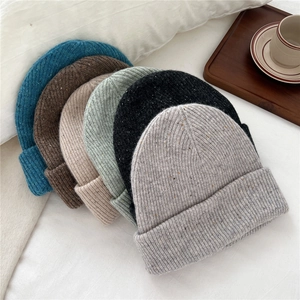 Winter wool knitted beanie hats in multiple colors with cozy ribbed texture and ear protection