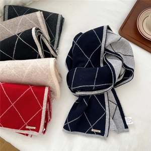 Soft Wool Knitted Scarf Argyle Diamond Pattern Warm Winter Elegant Long Neck Wrap Unisex Versatile Chic Outdoor Accessory