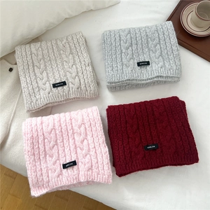 Thick wool blend knitted infinity scarf with cable texture in four neutral colors