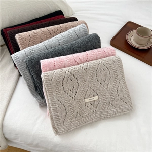 Multi-color wool blend knit scarf with diamond hollow pattern and woven label