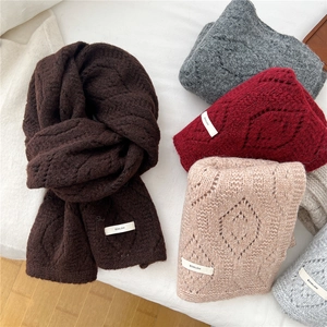Winter Knitted Scarf Wool Blend Hollow Out Rhombus Pattern Warm Soft Chic Solid Color Versatile Neck Warmer