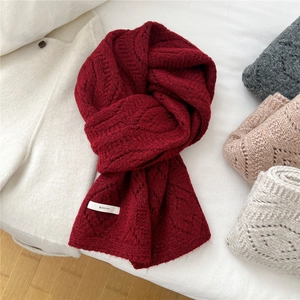 Deep red wool blend knit scarf with hollow diamond pattern and multiple color options