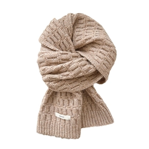 Thick wool blend knitted scarf in beige with premium textured weave and logo patch