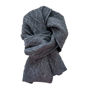 Dark grey cable knit wool scarf for women featuring thick weave and ribbed ends for winter