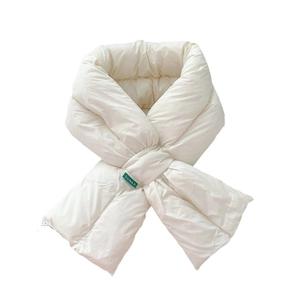 Solid white padded down scarf with crossover design and small green brand label