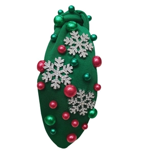 Baroque Christmas headband in forest green knit with rhinestones and silver snowflakes