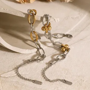 Stainless Steel Two-Tone Bracelet 18K Gold Plated Hammered Texture Mixed Metal Link Chain Adjustable Jewelry For Women