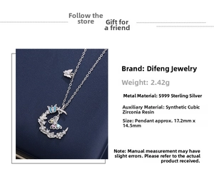 Detail of silver butterfly moon necklace with S999 silver specs and dimensions