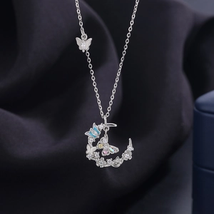 999 Sterling silver crescent moon and enamel butterfly pendant necklace with zircon floral