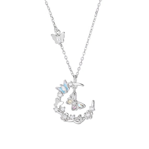 Luminous 999 sterling silver moon and butterfly necklace with blue enamel and zircons