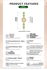 Detailed specifications of the GEDI gold bracelet watch with oval green gemstone face